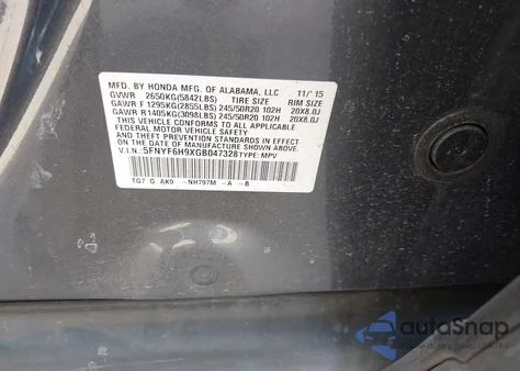 2016 Honda Pilot Touring from USA, damaged, VIN 5FNYF6H9XGB047328